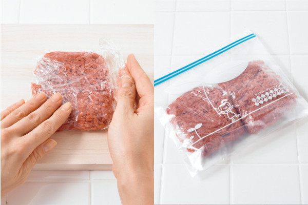 肉類は「NEWクレラップ」+キチントさん「マチ付きフリーザーバッグ」でぴっちり保存