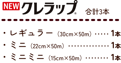 NEWクレラップ合計3本 ・レギュラー（30cm×50m）1本、ミニ（22cm×50m）1本、ミニミニ（15cm×50m）1本